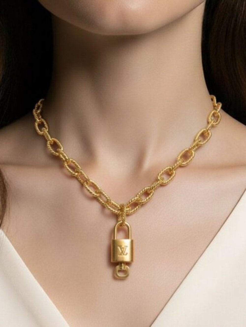 Authentic Louis Vuitton Lock & Key w/unbranded Gold Plated Chain Necklace 011626